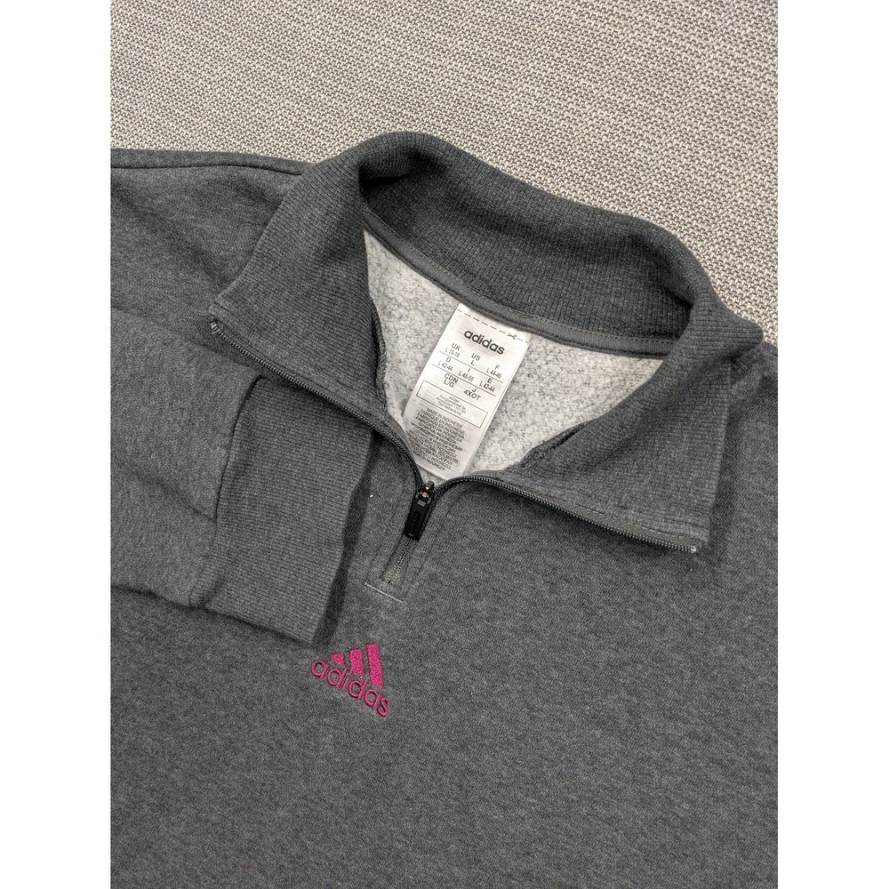Adidas Sweatshirt Mens Large Gray 1/4 Zip Fleece Pullover Pink Logo Pockets